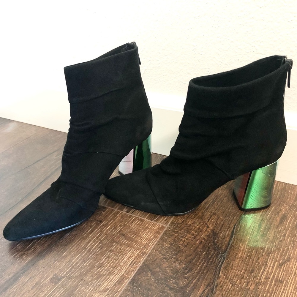 Zara Women Black Sock Metallic Block Heel Ankle Booties